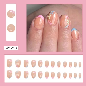 Oval French press-on nails with blue-pink floral patterns and nude base color set