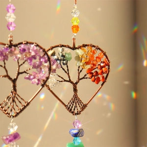 Tree of Life heart crystal suncatcher with natural colorful stones and crystal pendant