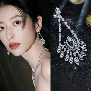Luxury silver-plated drop flower earrings and necklace set with sparkling zircon stones