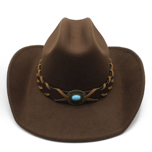 Classic dark brown felt western cowboy hat with woven band and turquoise buckle detail