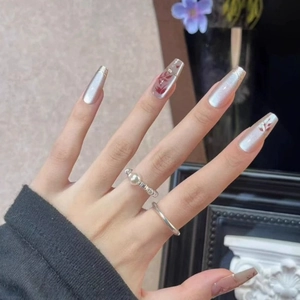 Lange Trapez-Kunstnägel in Metallsilber mit roten Blumenmustern und Katzenaugen-Effekt