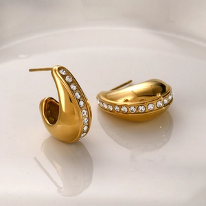 Minimalist 18k gold plated C-shaped earrings with sparkling cubic zirconia inlay