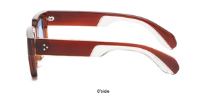 Side view of tortoise shell sunglasses with blue lenses and rivet decor on thick frame