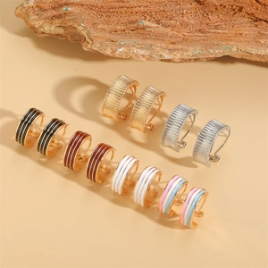 French retro stripe earrings in multi-color enamel and 14K gold plated brass