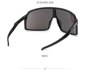 Detail of black sports sunglasses frame showing textured temples and hinge structure