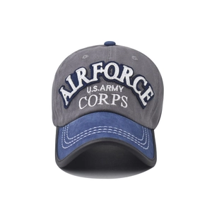 Detail of embroidered AIRFORCE U.S. ARMY text on two-tone cotton baseball cap