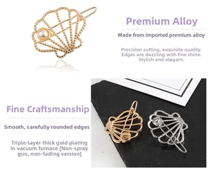 Detail of shell hair clip with triple-layer gold plating and premium pearl inlay