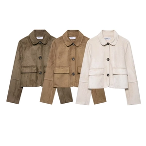 Damen Mode Wildlederimitat Jacke Kurz Langarm Revers Einreihig Einfarbig Oberbekleidung Mantel Mit Taschen Für Damen