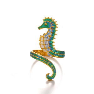 Minimalist golden sea horse open ring with blue and green enamel for women beach vacation