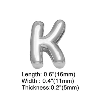 Polished silver balloon style letter K charm with dimensions 16mm by 11mm by 5mm