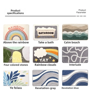 Detailed grid view of diverse absorbent bathroom mats with rainbow and geometric patterns