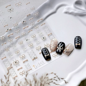 5D embossed bow nail stickers TL-343 with cream white and gold vintage relief designs