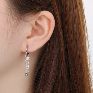 Close-up of silver hoop earring with Mama script pendant and sparkling cubic zirconia