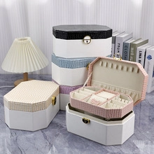Detail view of the multi-layer interior and ring slots in this octagonal jewelry box