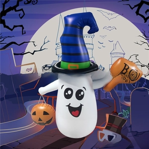 Close-up of inflatable white ghost with wizard hat and pumpkin basket for Halloween