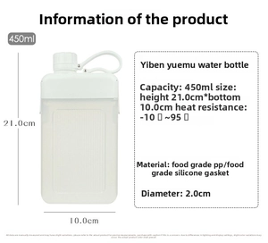 Detailed specs of 450ml square flat water bottle with food-grade PP and silicone seal