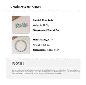 Detailed view of turquoise resin floral earrings and necklace set in gold alloy finish