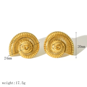 Macro detail of 18k gold plated stainless steel spiral shell earrings with 24mm dimension