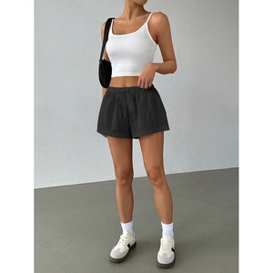 Women's black drawstring high-waisted sporty shorts with loose fit for summer leisure wear