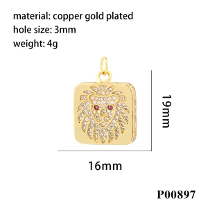 Macro detail of 18K gold plated square lion head pendant with sparkling cubic zirconia