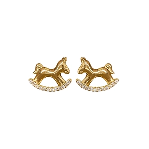 Boucles d'oreilles cheval à bascule doré avec cristaux blancs et perles de style chinois