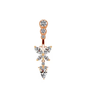 Rose gold navel ring with crystal butterfly pendant and sparkling teardrop charm