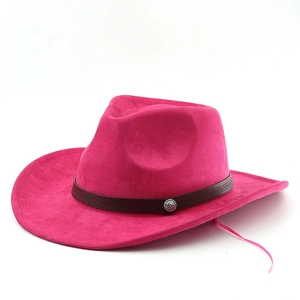 Rose red suede western cowboy hat with a brown leather belt buckle on a white background