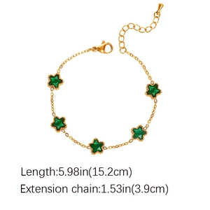 French vintage gold titanium bracelet with five green star stones and adjustable chain
