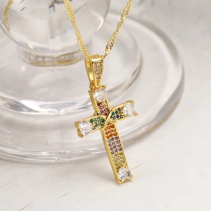 Elegant 18K gold-plated cross pendant necklace with colorful cubic zirconia accents