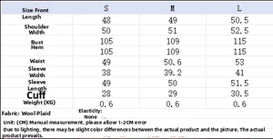 Detailed size chart for retro plaid wool short jacket featuring S, M, and L dimensions