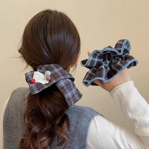 Oversized Plaid Fabric Scrunchies Hair Ties Vintage Bowknot Plush Bear Decorative Beads Elastic Hair Accessories