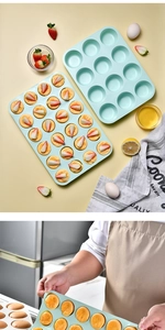Detailed view of mint green silicone muffin pans with 12 and 15 cups for baking cakes