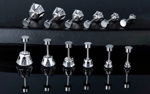 Detailed comparison of six different sizes of silver six-prong cubic zirconia stud earrings
