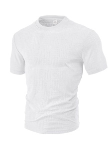 Close-up of white waffle texture fabric and crew neck label on men's 100% polyester polo shirt