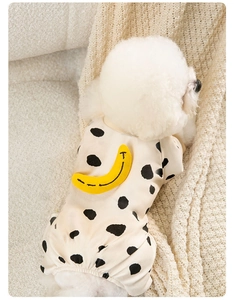 Detailed close-up of a cream and black polka dot dog onesie with a banana patch detail