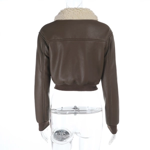 Rear view of brown PU leather jacket featuring faux shearling collar and ribbed hem details