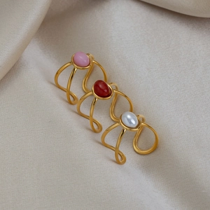 18K gold-plated stainless steel oval natural stone rings in pink, red, and pearl white