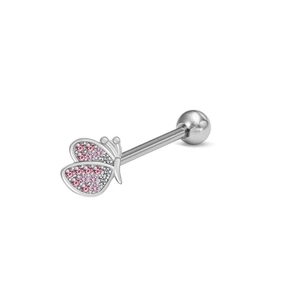Detail of silver butterfly tongue ring with pink and white crystal rhinestones inlay