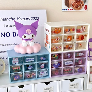 Detail of nine-grid desk organizer with cute stickers and mini transparent drawers