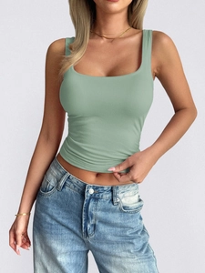 Women Y2K green ribbed knit tank top featuring a square neck and slim fit summer style