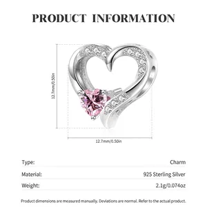 S925 Sterling Silver Heart Bead Charm with Pink Zircon for DIY Fashion Bracelet Jewelry