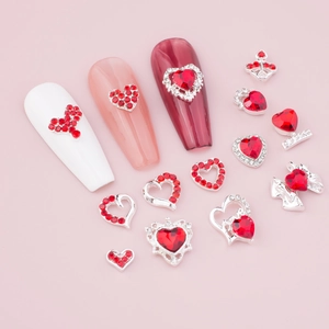 Set gioielli unghie a cuore rosso festivo con base in lega per manicure di Capodanno