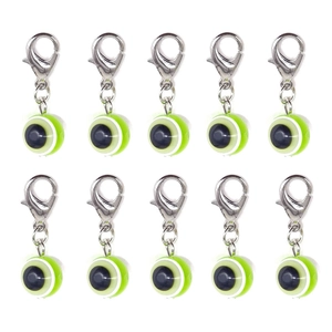 Detailed set of ten green resin evil eye charms with silver lobster clasps for DIY jewelry