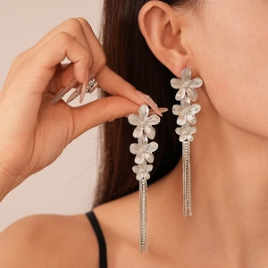 Vintage Flower Long Tassel Earrings Rhinestone 925 Sterling Silver Earring Post Elegant Metallic Jewelry For Women