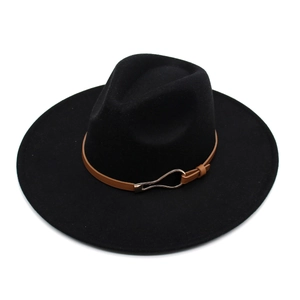 Classic black 9.5cm wide brim fedora hat with brown leather belt and gold buckle detail