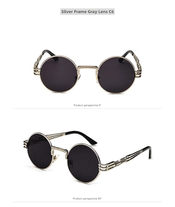 Detail view of silver punk sunglasses with engraved metal frame and grey round lenses