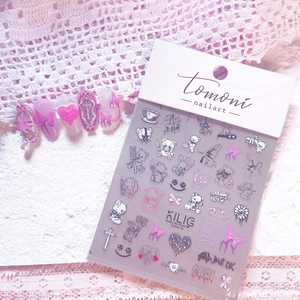 Japanese style dark aesthetic nail stickers featuring bears and hearts with pink accents