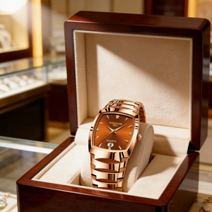 Close-up of rose gold square watch with metal strap in a luxury wooden gift box