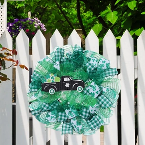 Easter Wreath St Patrick's Day Door Hanging Ornament Mesh Ribbon Bunny Clover Truck Decor For Front Door