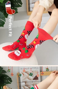 Close-up of elastic ribbed cuff on Christmas socks with Santa and tree patterns